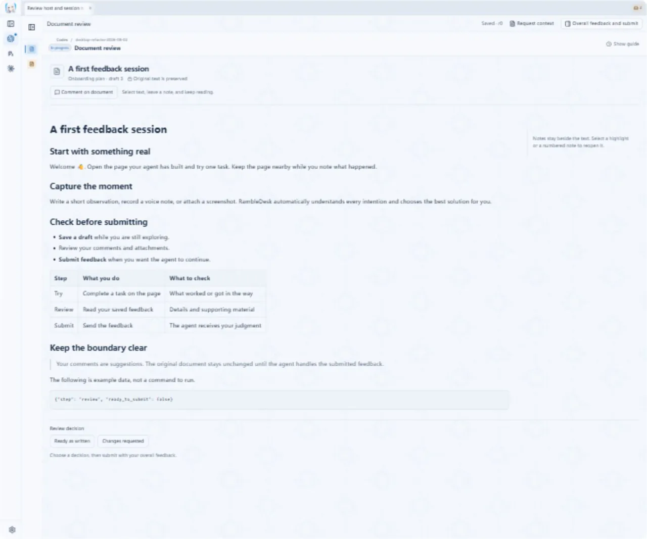 Select text in a Markdown document and write feedback beside the original